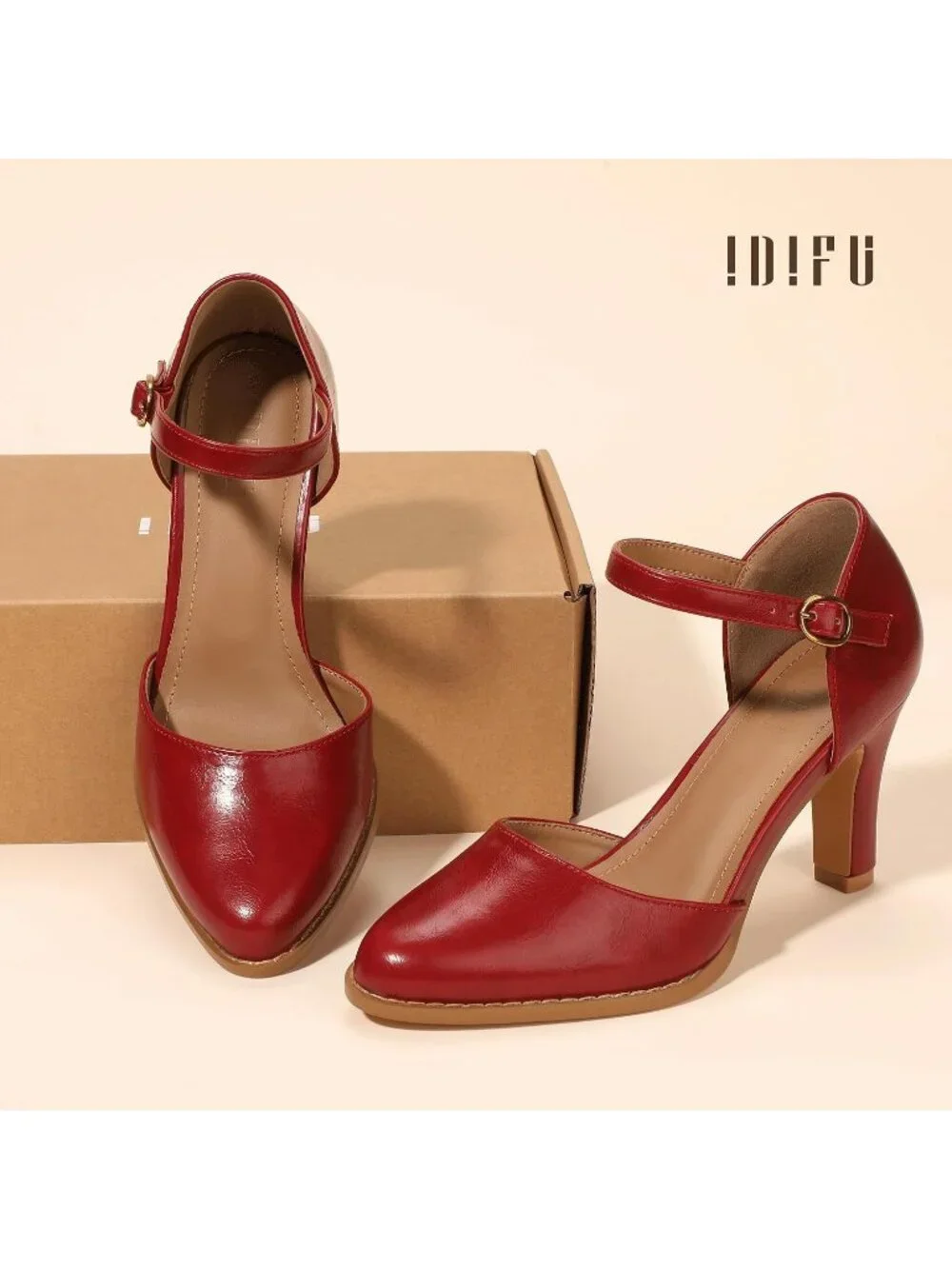 Women's NL Red Pu Closed Toe Chunky High Heel Comfortable Party Dress Pump Shoes